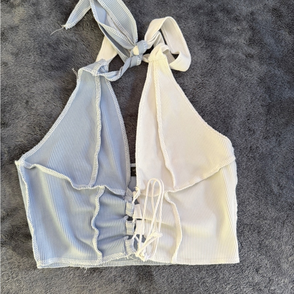 SHEIN White and Blue Sleeveless Tank Top with Tie Front
